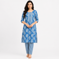 Blue Floral Printed Cotton Kurta Pant Set for Women | Casual Ethnic Wear