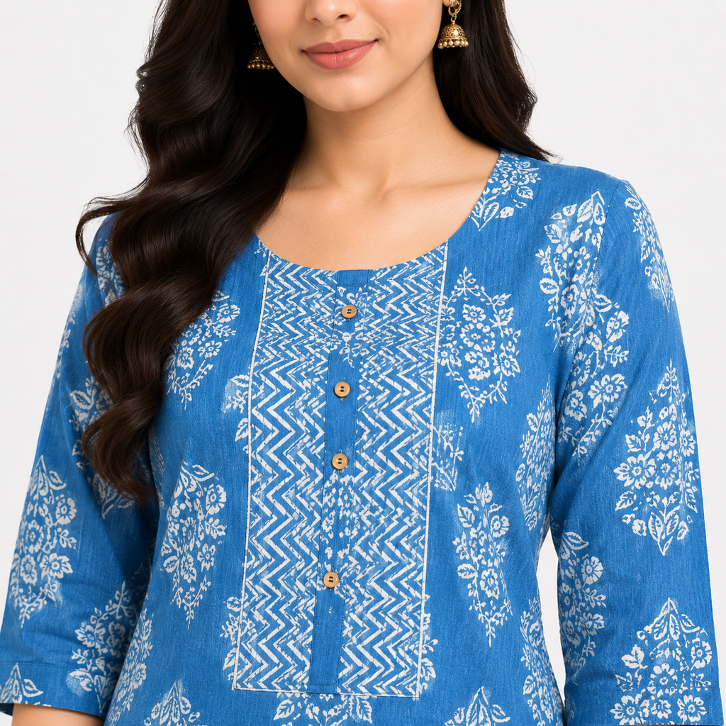 Blue Floral Printed Cotton Kurta Pant Set for Women | Casual Ethnic Wear