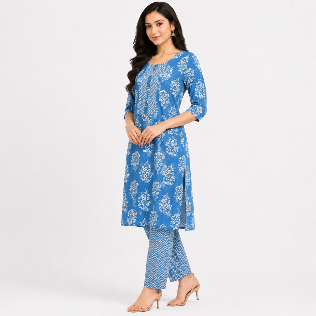 Blue Floral Printed Cotton Kurta Pant Set for Women | Casual Ethnic Wear