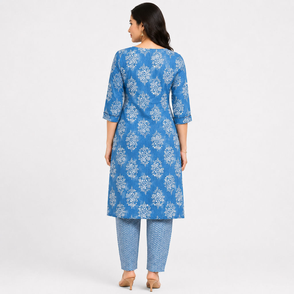 Blue Floral Printed Cotton Kurta Pant Set for Women | Casual Ethnic Wear