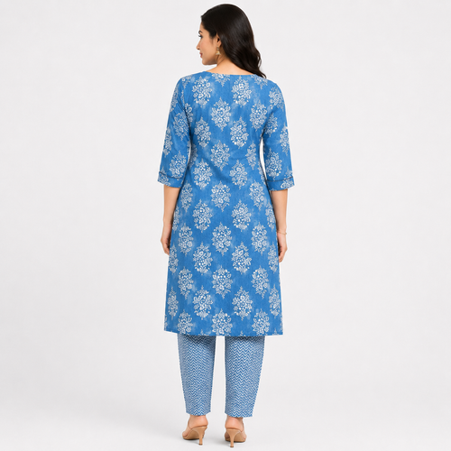 Blue Floral Printed Cotton Kurta Pant Set for Women | Casual Ethnic Wear