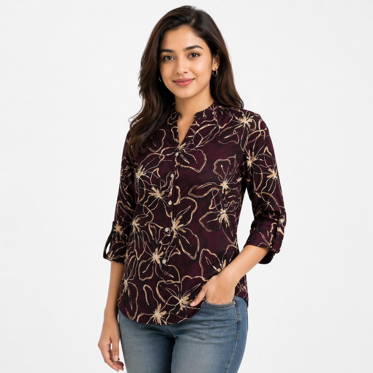 Bazaario Burgundy Botanical Print Top - Comfort Fit Ethnic Fusion