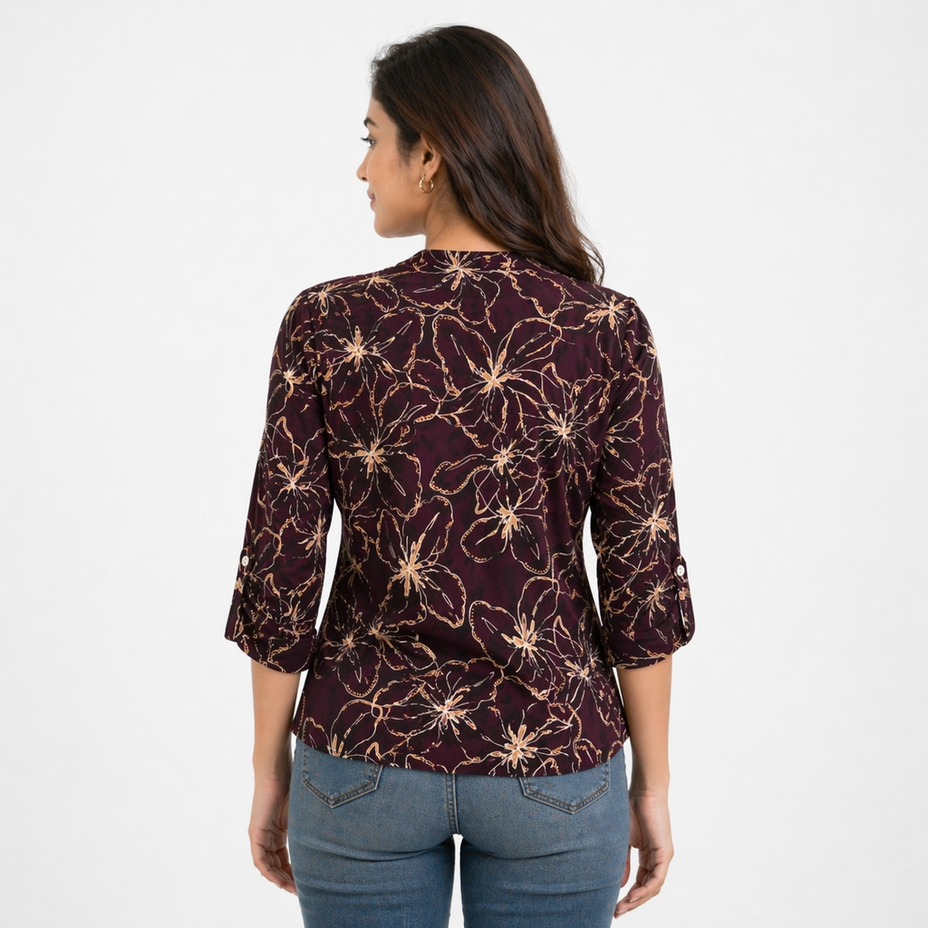 Bazaario Burgundy Botanical Print Top - Comfort Fit Ethnic Fusion