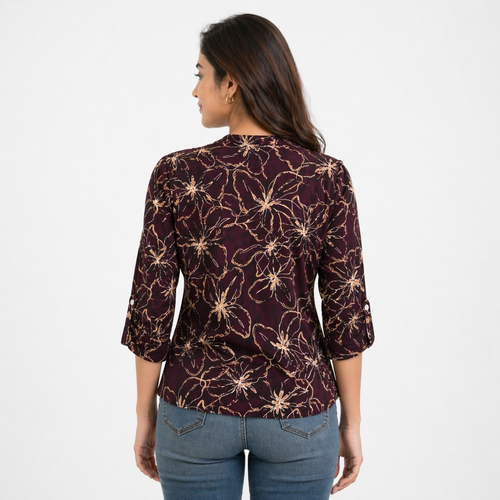 Bazaario Burgundy Botanical Print Top - Comfort Fit Ethnic Fusion