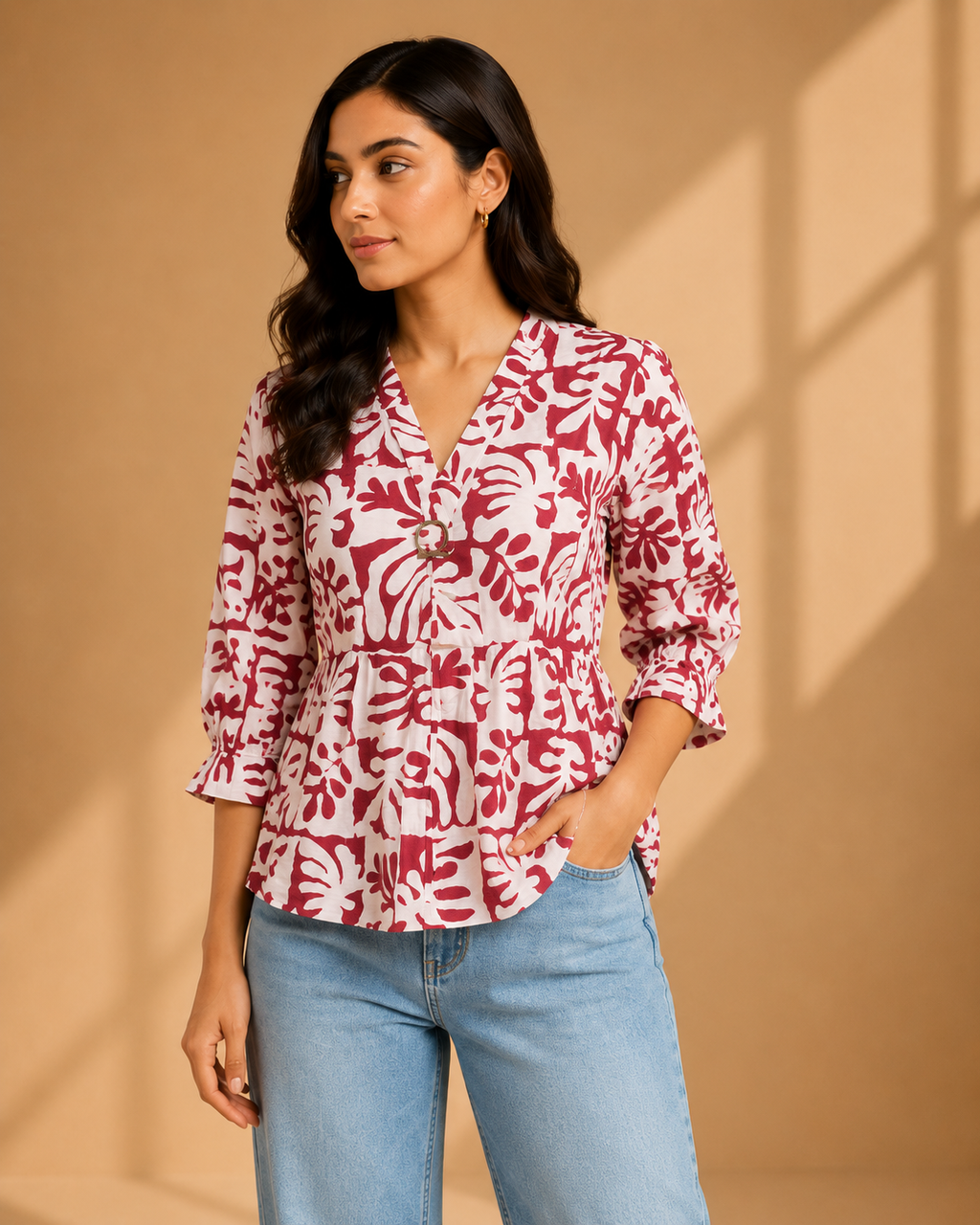 Women Pink  Floral Printed Peplum Top | V-Neck Casual Western Top for Women | 3/4 Sleeve Stylish Top
