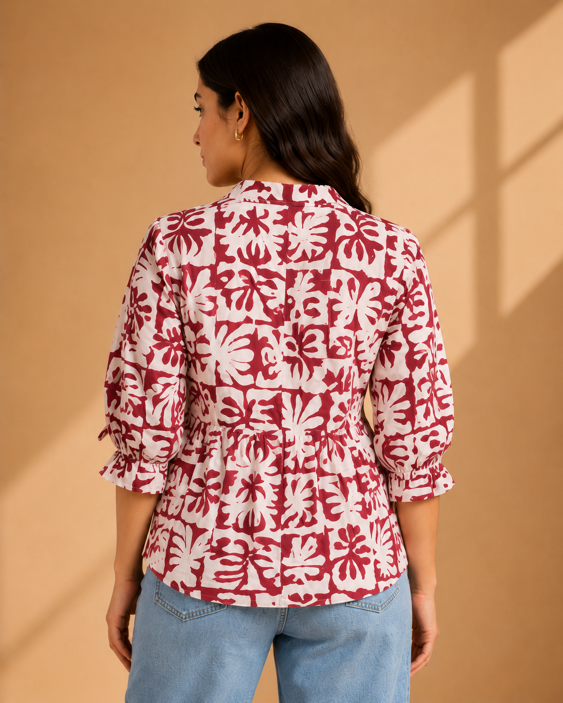 Women Pink  Floral Printed Peplum Top | V-Neck Casual Western Top for Women | 3/4 Sleeve Stylish Top