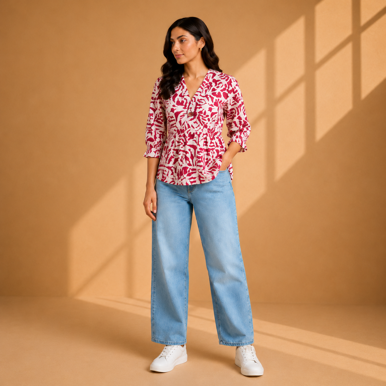 Women Pink  Floral Printed Peplum Top | V-Neck Casual Western Top for Women | 3/4 Sleeve Stylish Top