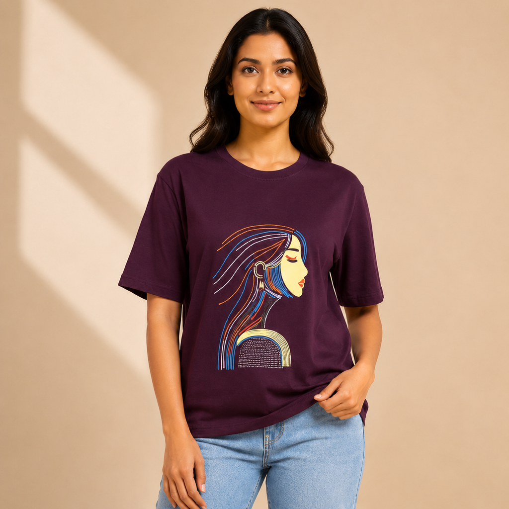 Women’s Oversized Graphic Printed T-Shirt – Premium Purple Casual Tee for Women