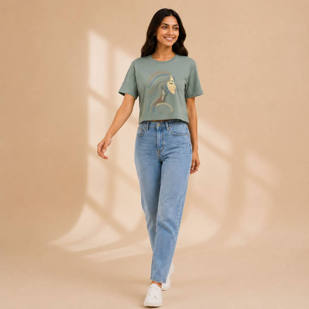Sage Green Cotton Tee with Artistic Line-Art Portrait