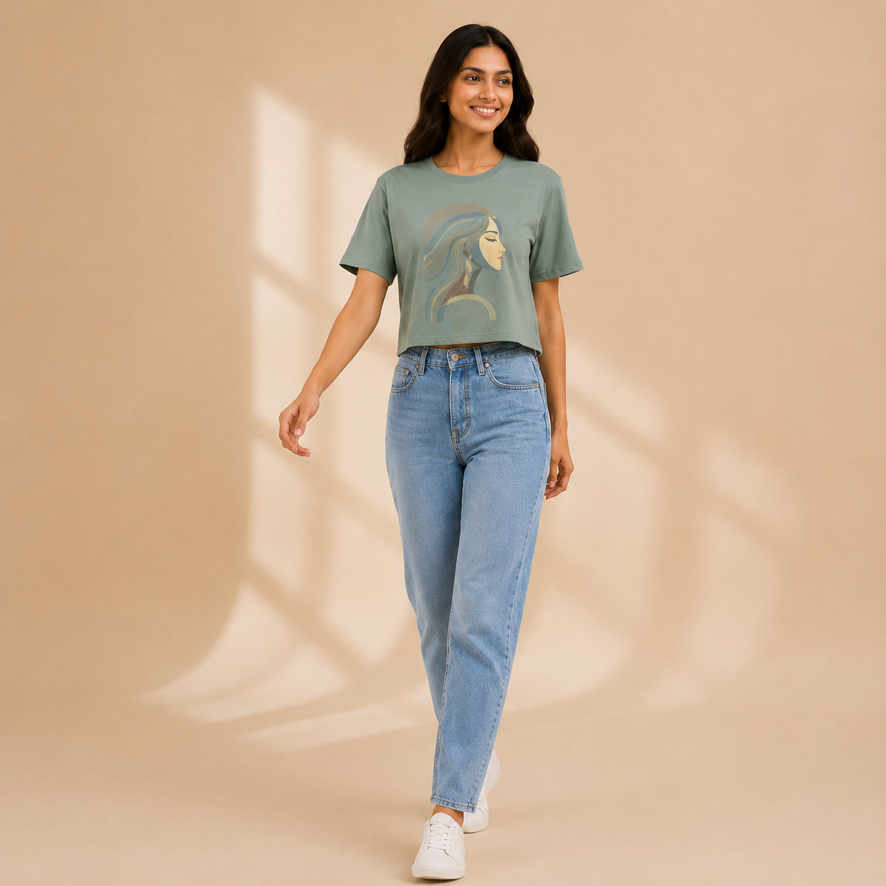 Sage Green Cotton Tee with Artistic Line-Art Portrait