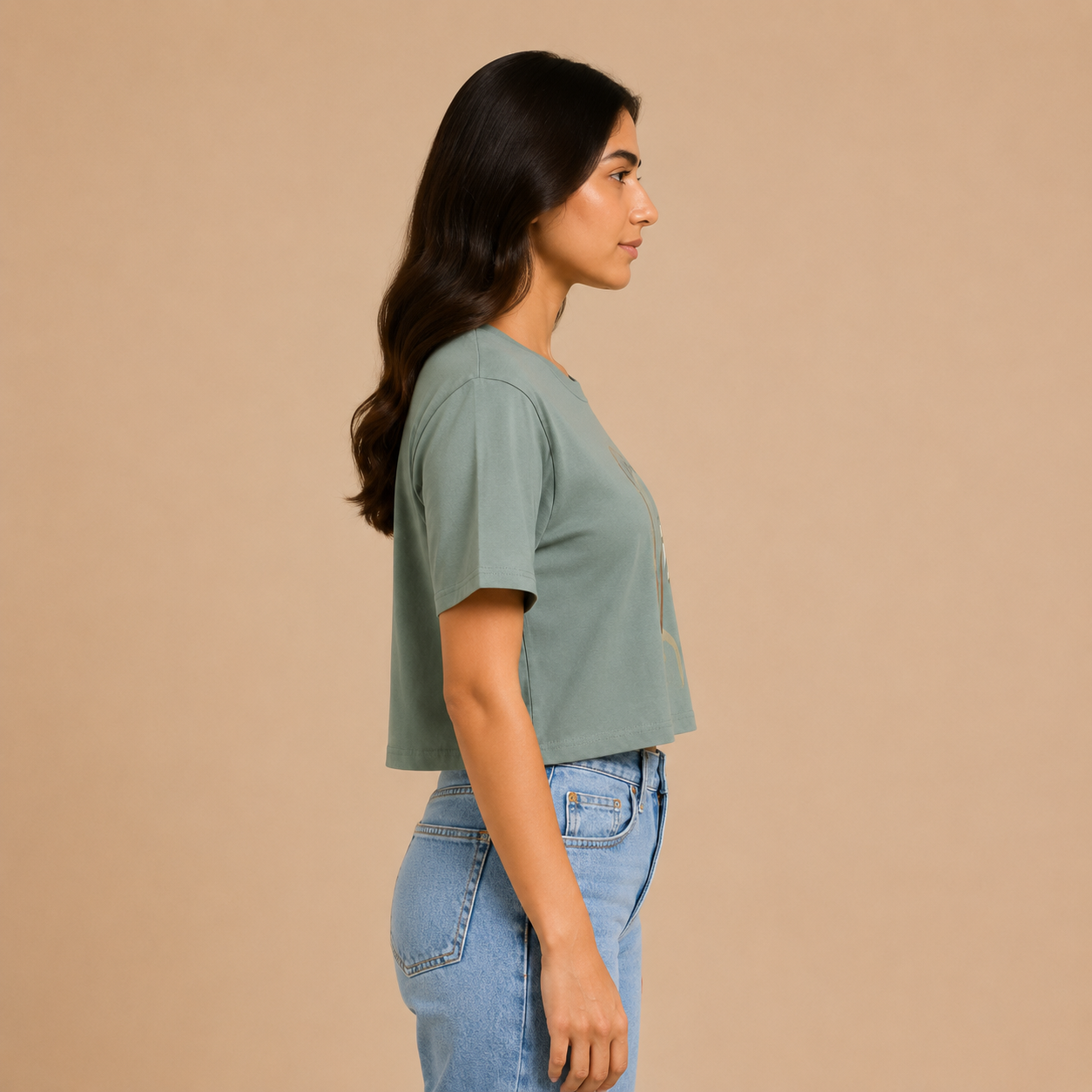 Sage Green Cotton Tee with Artistic Line-Art Portrait