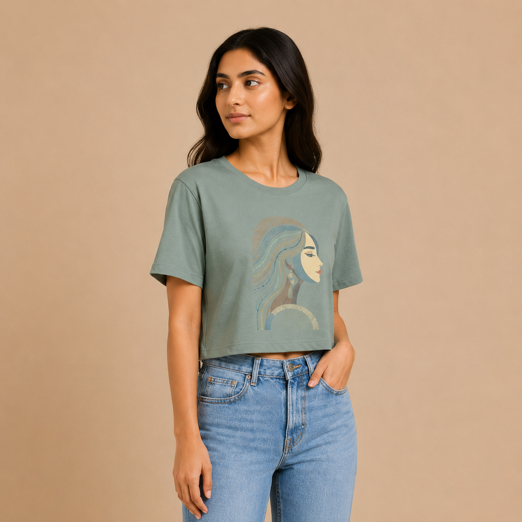 Sage Green Cotton Tee with Artistic Line-Art Portrait