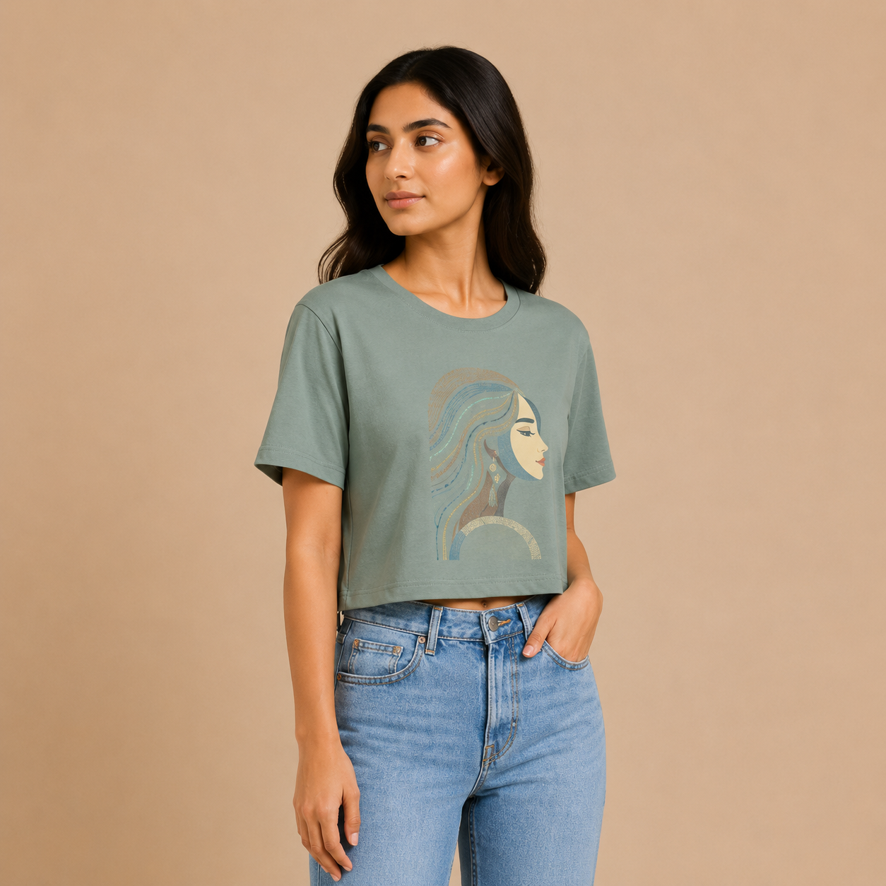 Sage Green Cotton Tee with Artistic Line-Art Portrait