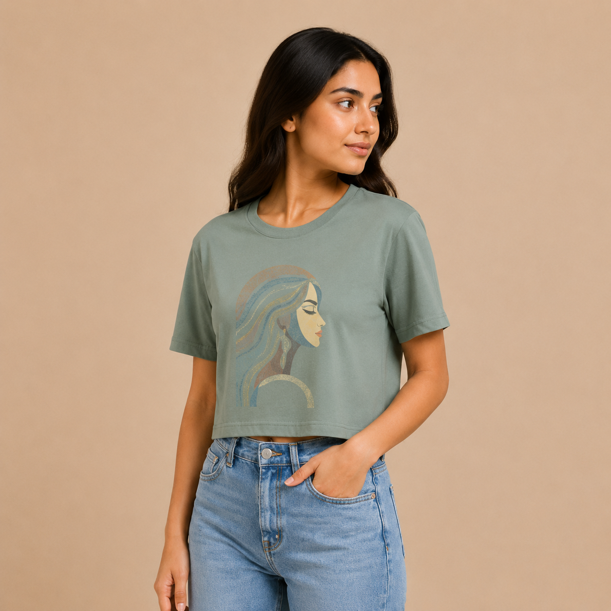 Sage Green Cotton Tee with Artistic Line-Art Portrait