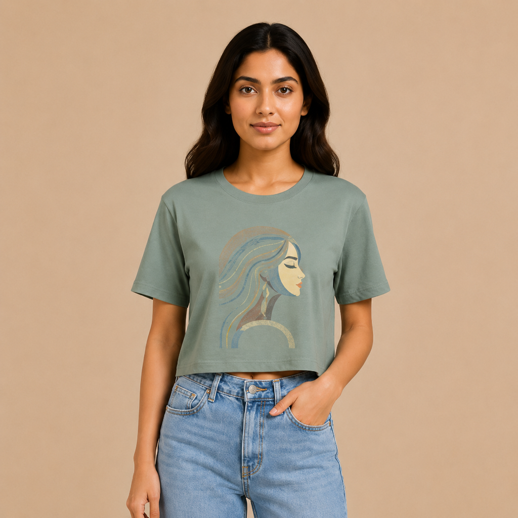 Sage Green Cotton Tee with Artistic Line-Art Portrait