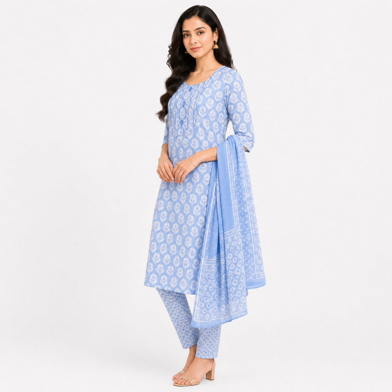 Sky Blue Printed Kurta Pant Dupatta Set for Women | Elegant Ethnic Wear