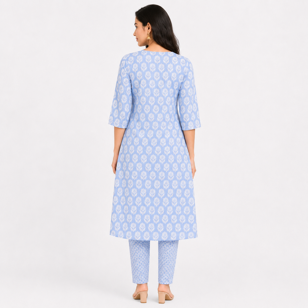 Sky Blue Printed Kurta Pant Dupatta Set for Women | Elegant Ethnic Wear