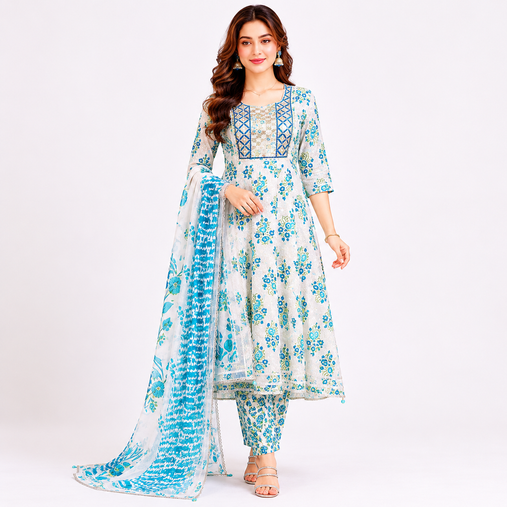 White & Blue Floral Printed Anarkali Kurta Pant Set for Women