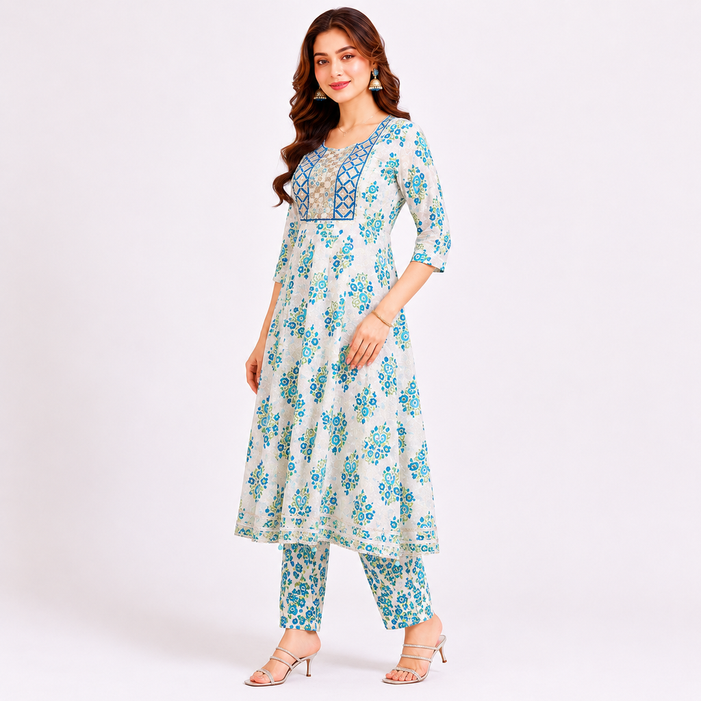 White & Blue Floral Printed Anarkali Kurta Pant Set for Women