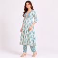 White & Blue Floral Printed Anarkali Kurta Pant Set for Women