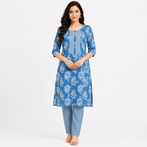 Blue Floral Printed Cotton Kurti Pant Set for Women | Casual Ethnic Wear