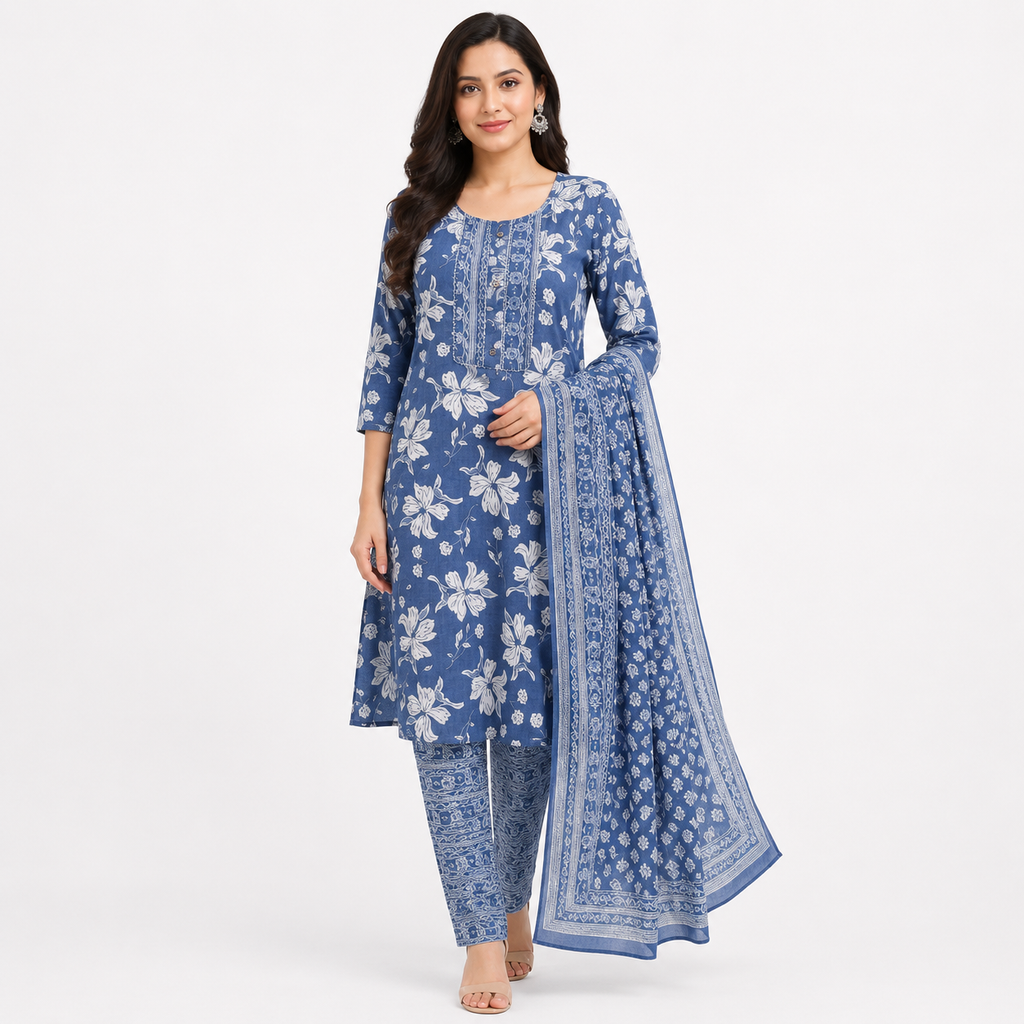 Blue Floral Printed Cotton Kurti Pant Set for Women | Casual Ethnic Wear
