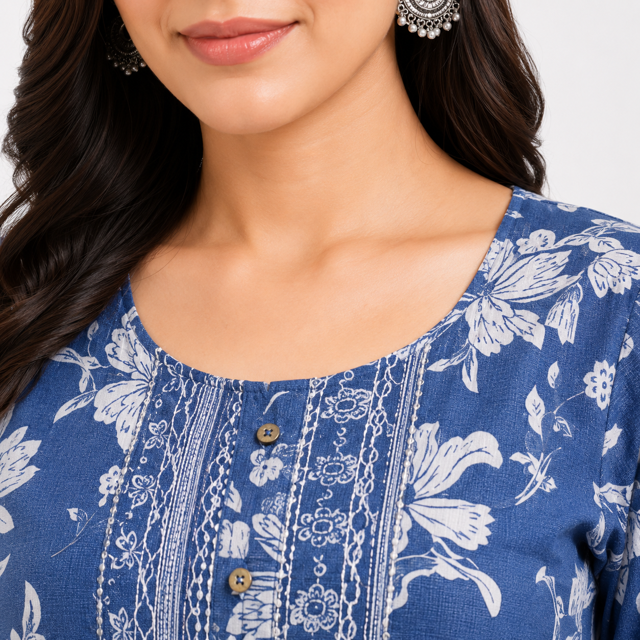 Blue Floral Printed Cotton Kurti Pant Set for Women | Casual Ethnic Wear