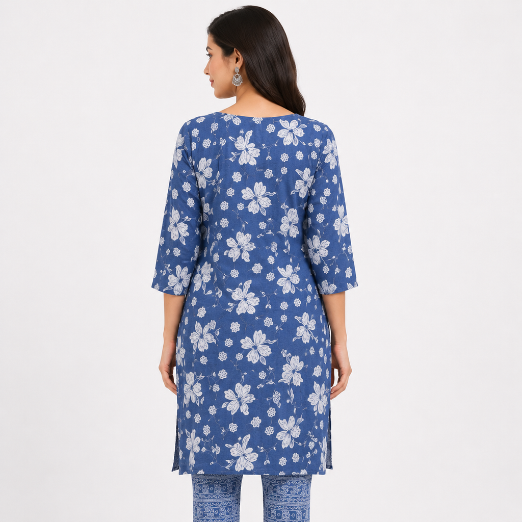 Blue Floral Printed Cotton Kurti Pant Set for Women | Casual Ethnic Wear