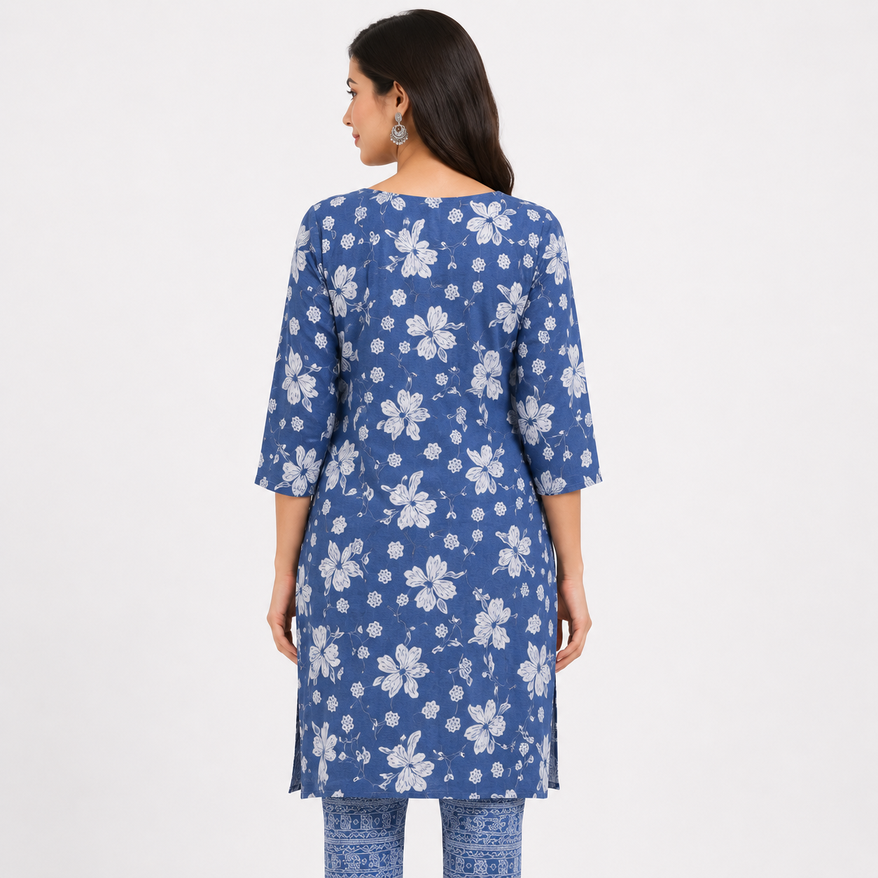 Blue Floral Printed Cotton Kurti Pant Set for Women | Casual Ethnic Wear