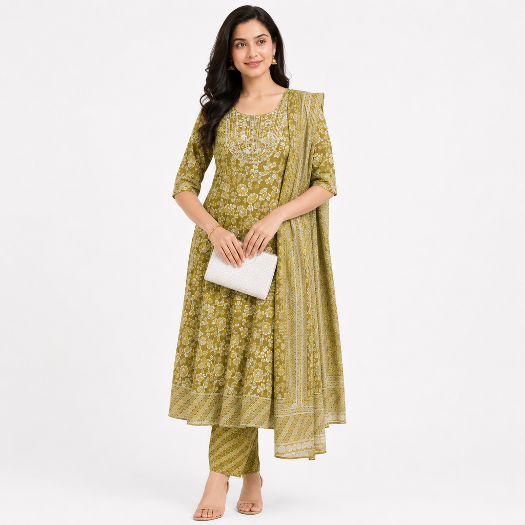 Olive Green Floral Printed Anarkali Kurta Pant Dupatta Set for Women