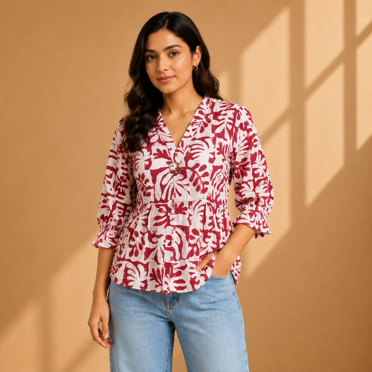 Women Pink  Floral Printed Peplum Top | V-Neck Casual Western Top for Women | 3/4 Sleeve Stylish Top