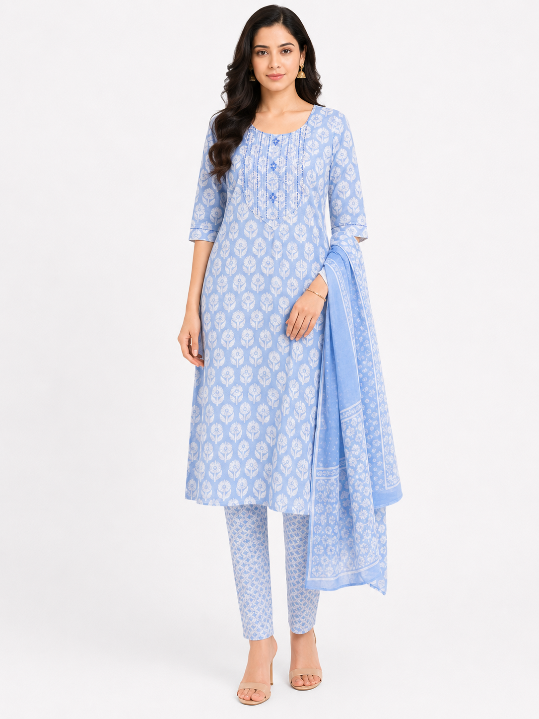 Sky Blue Printed Kurta Pant Dupatta Set for Women | Elegant Ethnic Wear