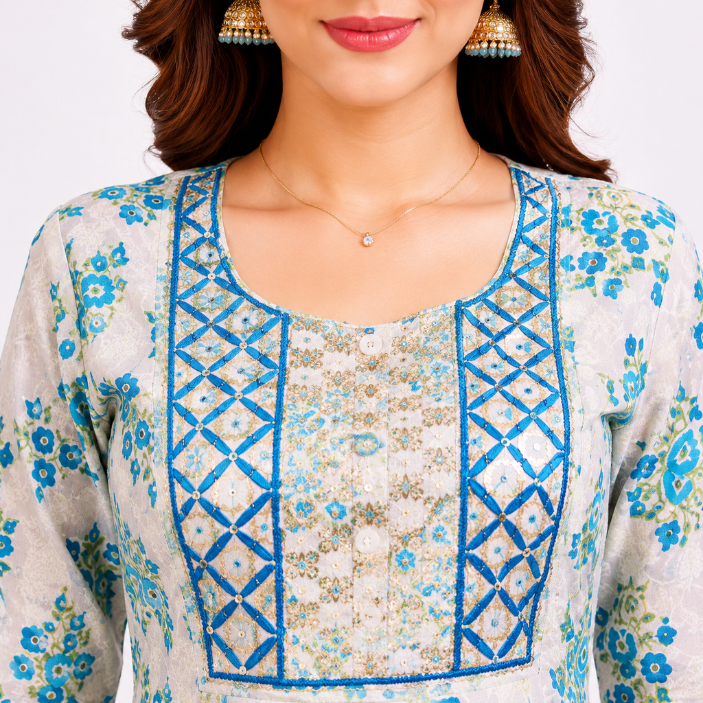 White & Blue Floral Printed Anarkali Kurta Pant Set for Women