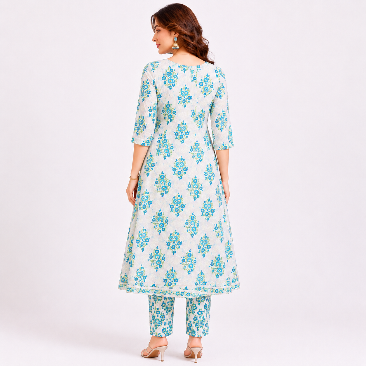 White & Blue Floral Printed Anarkali Kurta Pant Set for Women
