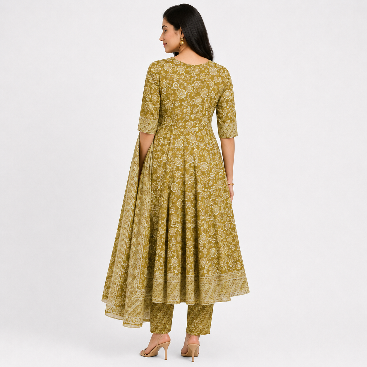 Olive Green Floral Printed Anarkali Kurta Pant Dupatta Set for Women