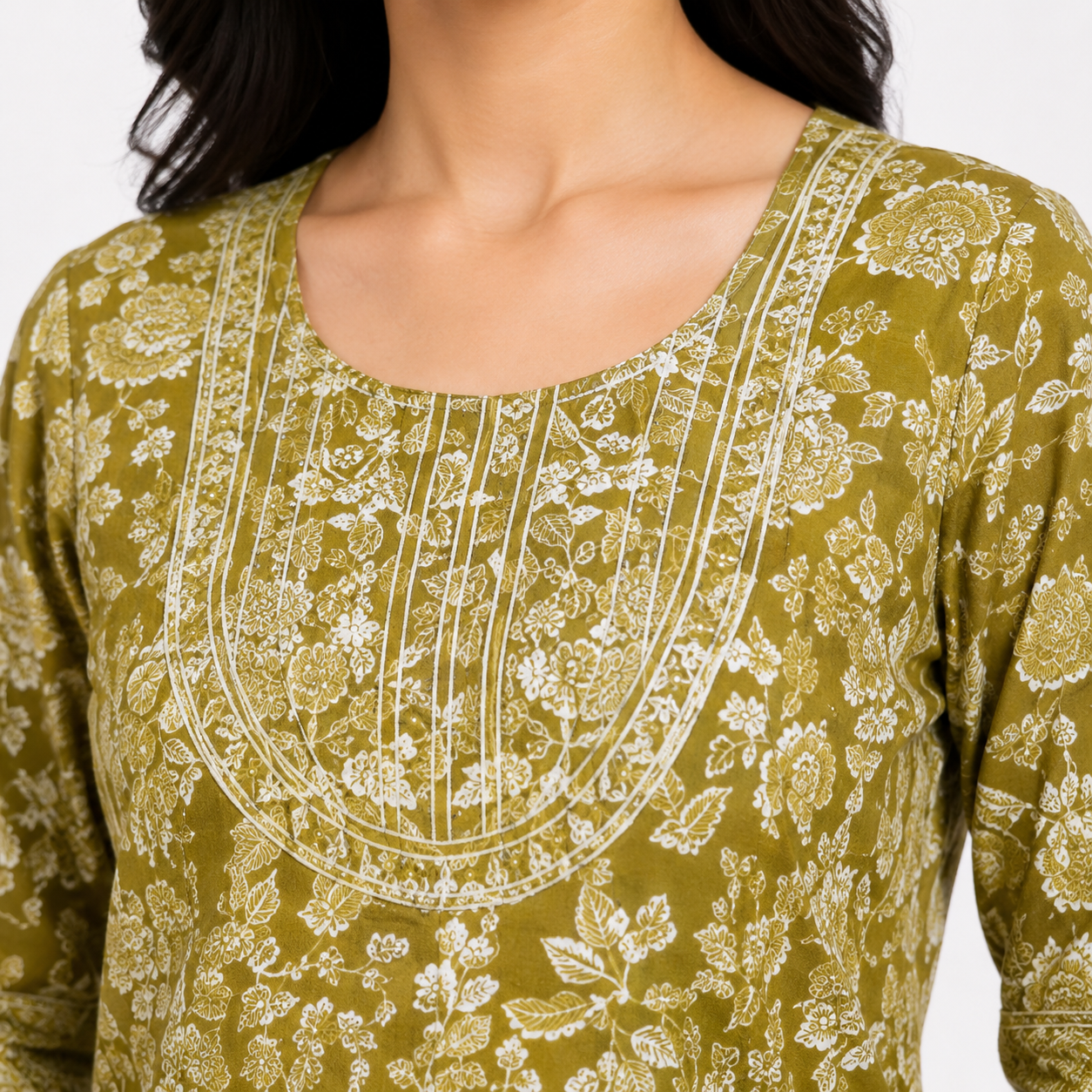 Olive Green Floral Printed Anarkali Kurta Pant Dupatta Set for Women