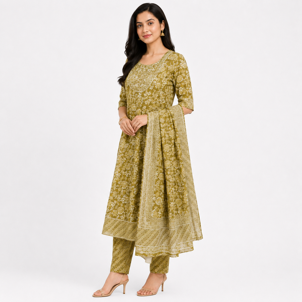 Olive Green Floral Printed Anarkali Kurta Pant Dupatta Set for Women