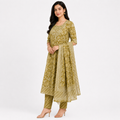 Olive Green Floral Printed Anarkali Kurta Pant Dupatta Set for Women