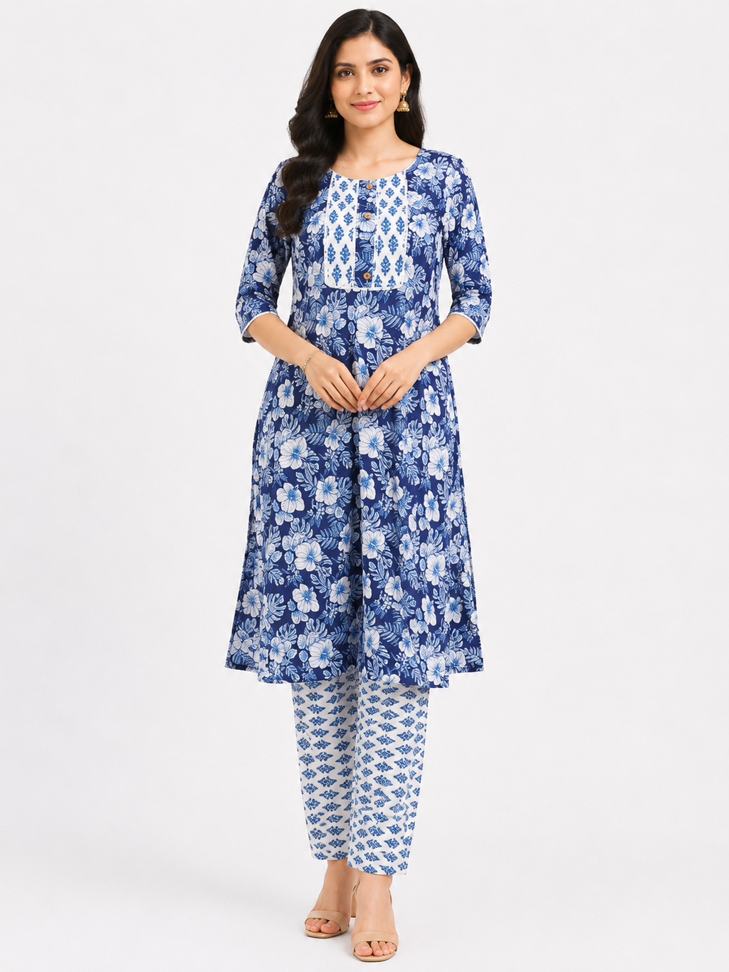 Royal Blue Floral Printed Kurta Pant Set for Women | Casual Ethnic Wear