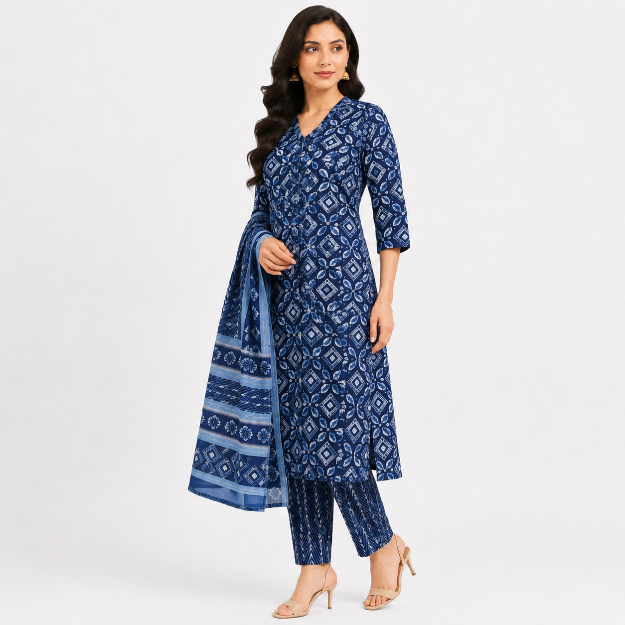 Navy Blue Printed Kurta Pant Dupatta Set for Women | Traditional Ethnic Wear