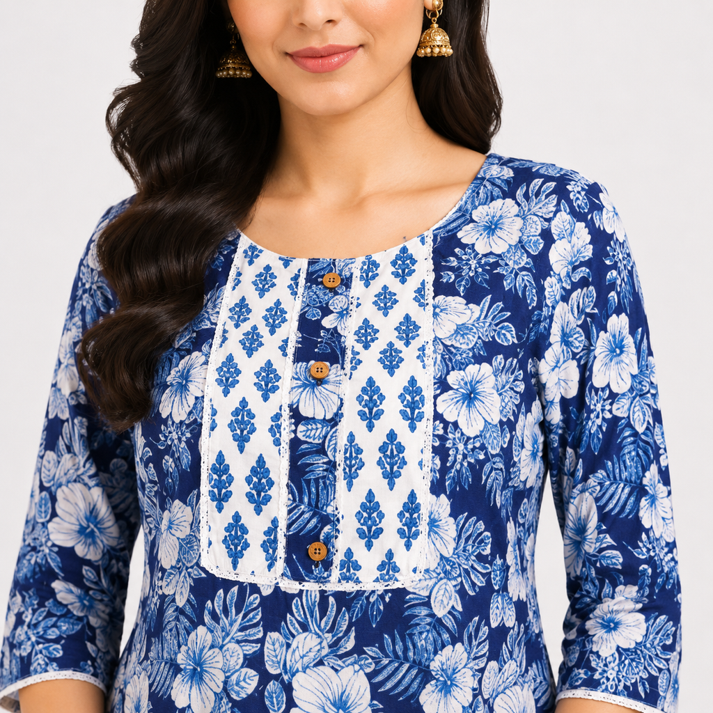 Royal Blue Floral Printed Kurta Pant Set for Women | Casual Ethnic Wear