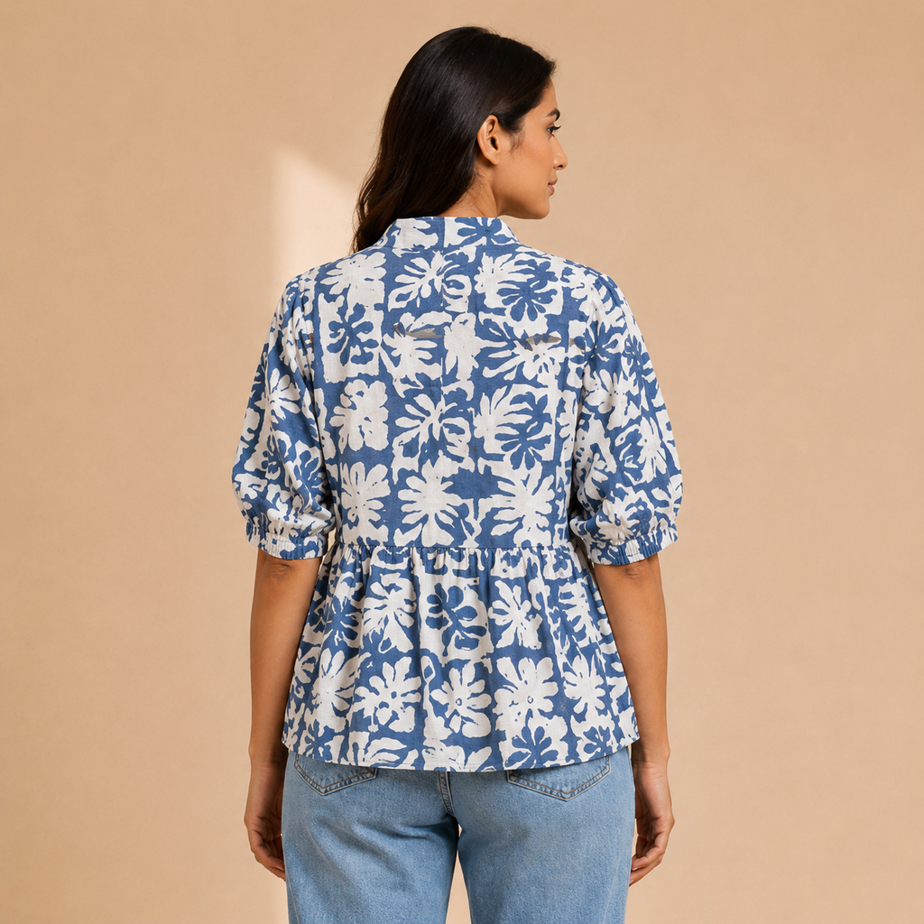 Women’s Blue Floral Printed Peplum Top | Casual Stylish Floral Top