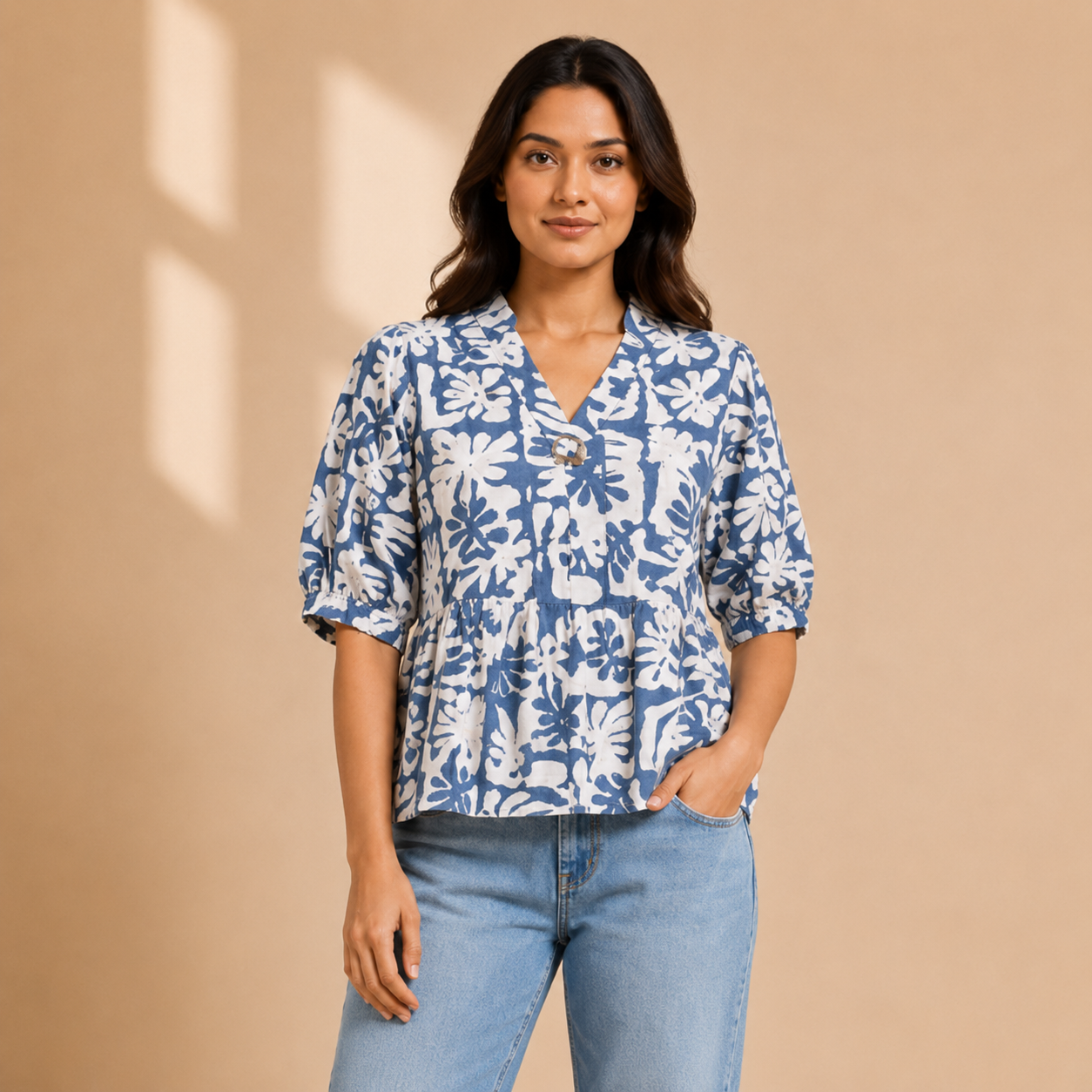 Women’s Blue Floral Printed Peplum Top | Casual Stylish Floral Top