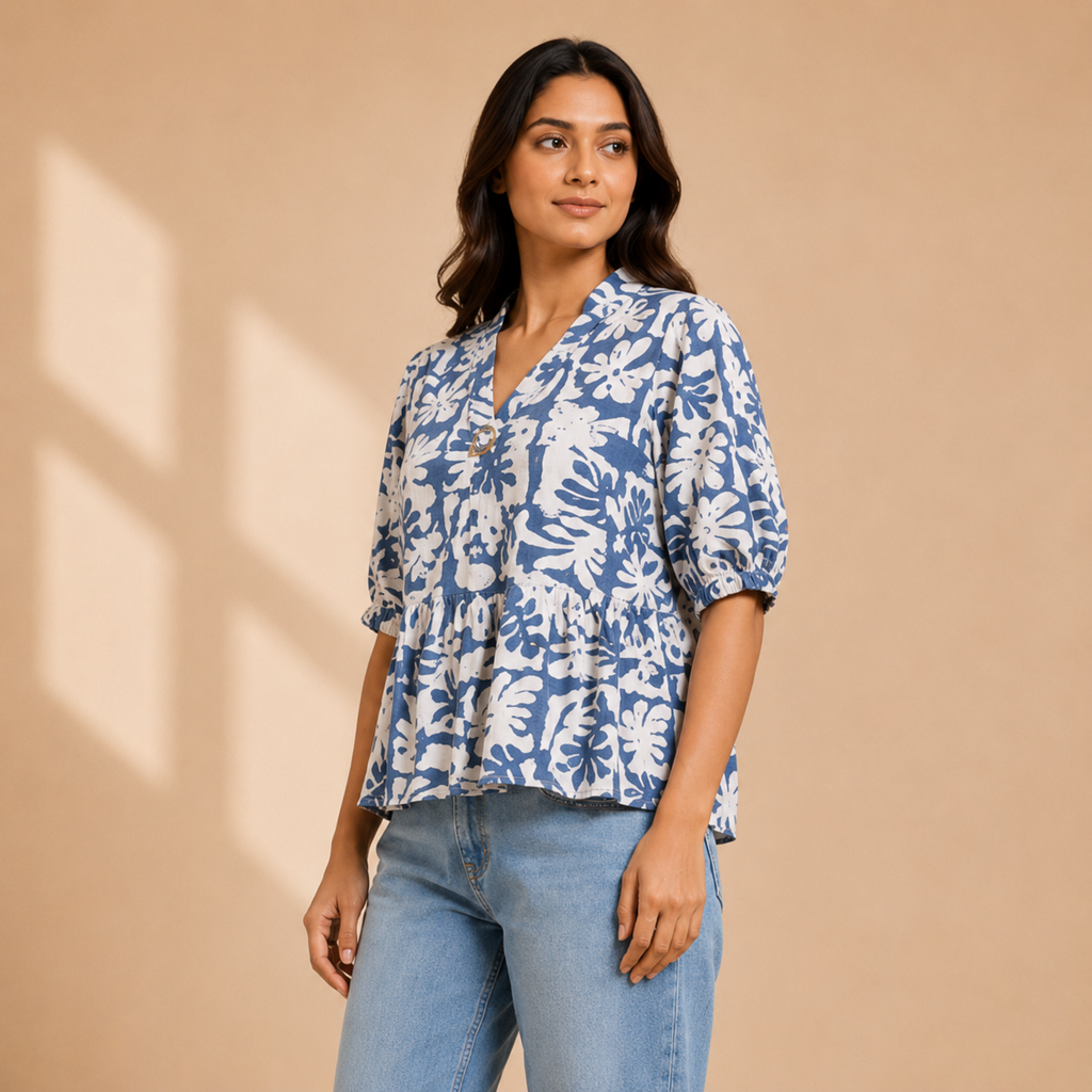 Women’s Blue Floral Printed Peplum Top | Casual Stylish Floral Top