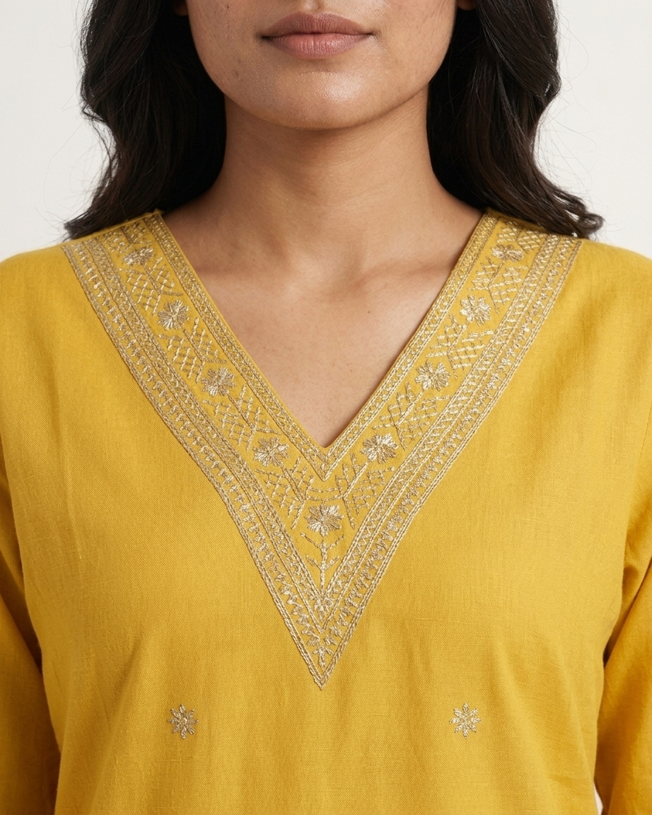 Yellow Ethnic V-Neck Kurti with Traditional Gota Patti Work