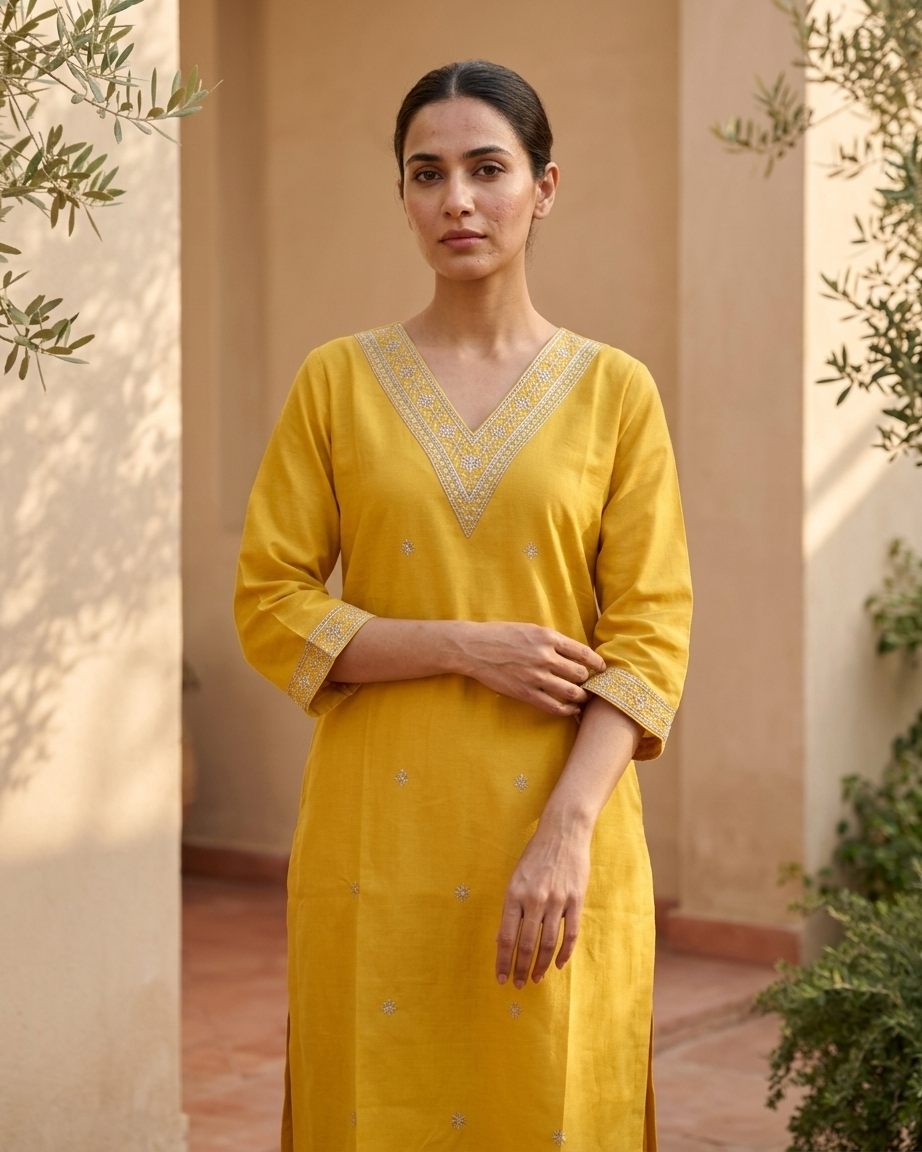 Yellow Ethnic V-Neck Kurti with Traditional Gota Patti Work
