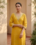 Yellow Ethnic V-Neck Kurti with Traditional Gota Patti Work