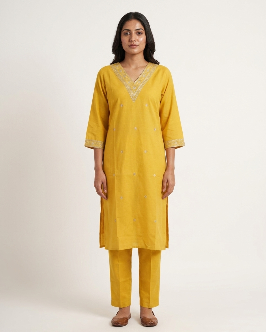 Yellow Ethnic V-Neck Kurti with Traditional Gota Patti Work