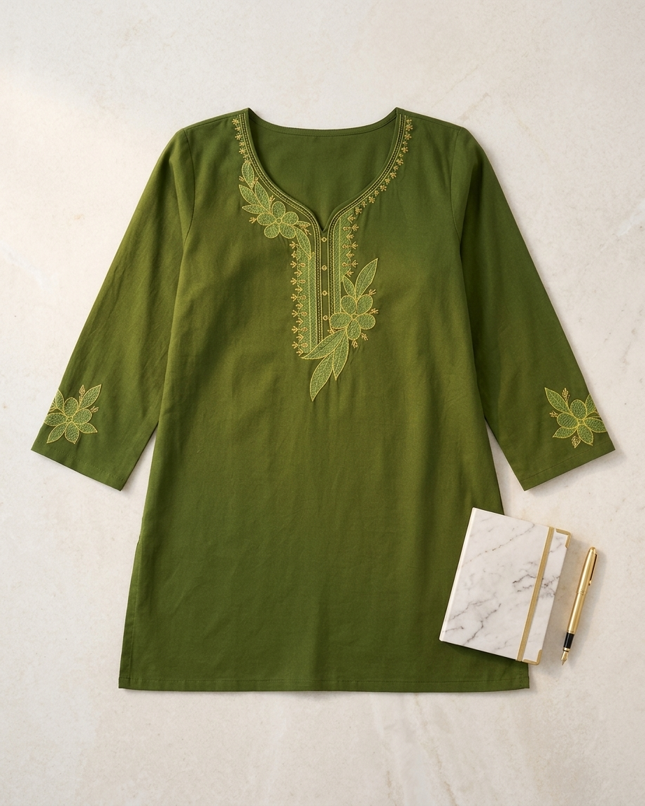 Women's Olive Green Cotton Kurta with Intricate Floral Embroidery