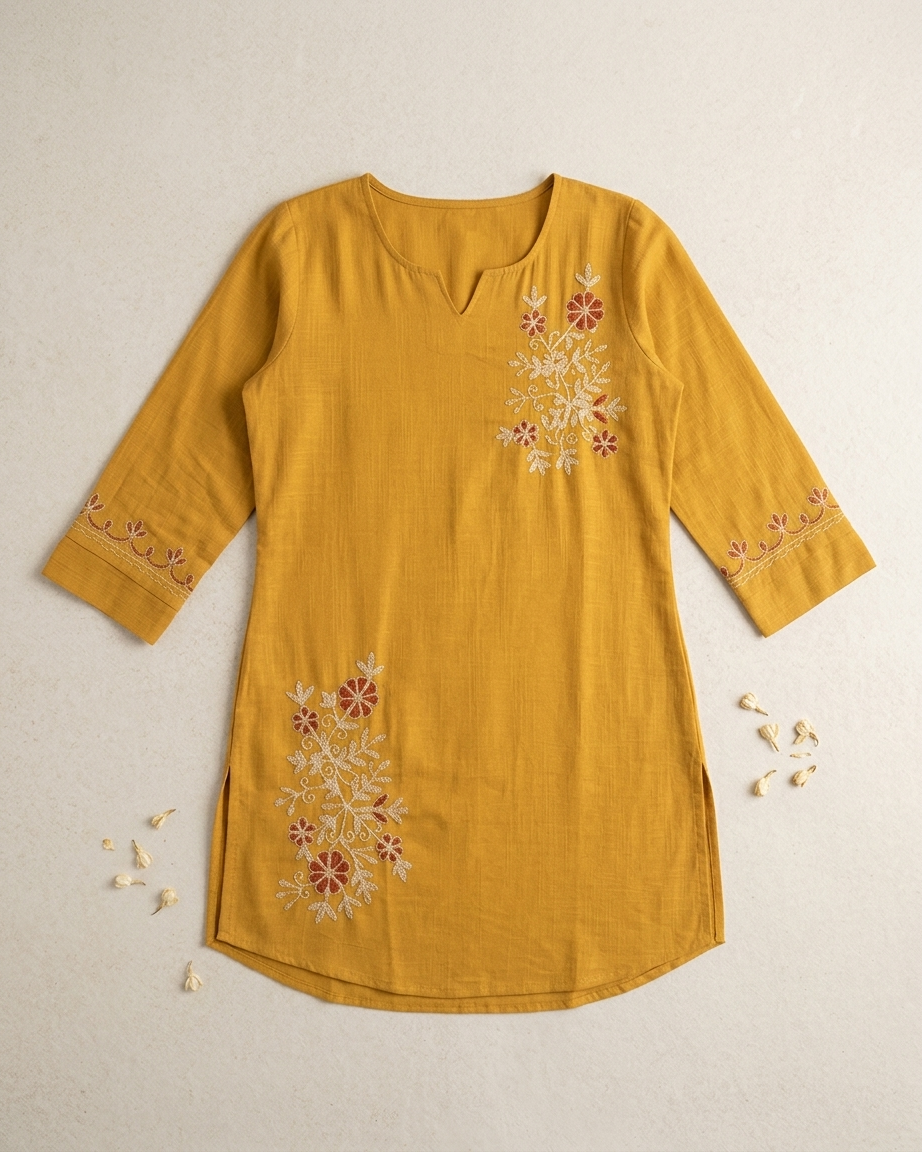 Mustard Yellow Cotton Slub Embroidered Tunic
